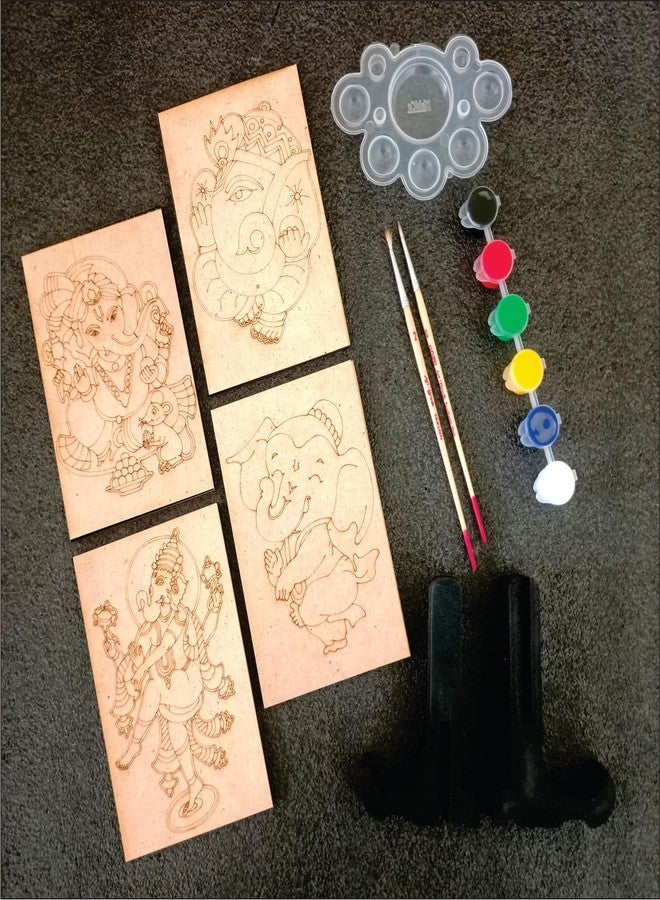 PICRAZEE DIY Art & Craft Wooden Painting Kit for Kids | 4 Premaked Ganesha MDF Board Painting Set with 6 Colors, 2 Brushes, Palette and Stands | Drawing & Coloring Activity Set for Home, and Gifting - Image 1